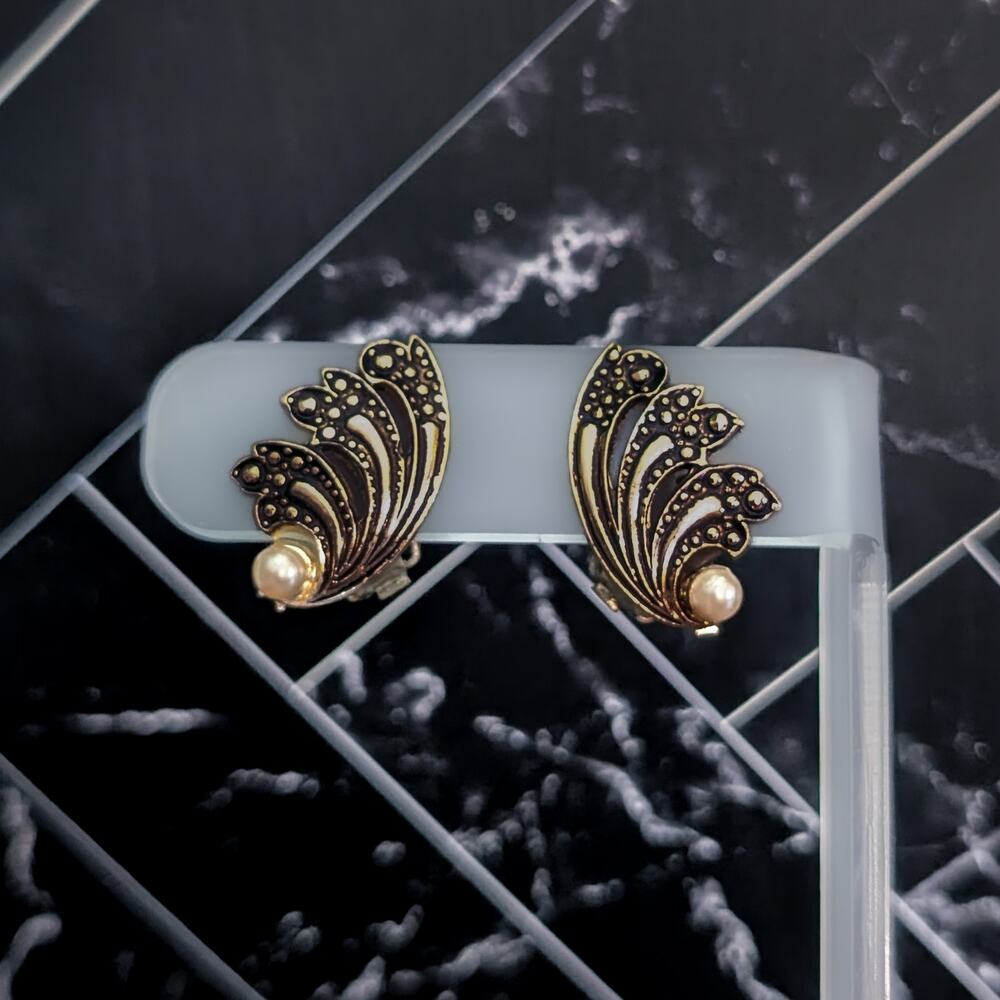 Vintage Clip On Earrings Ornate Gold Tone with Black Detail & Faux Pearl